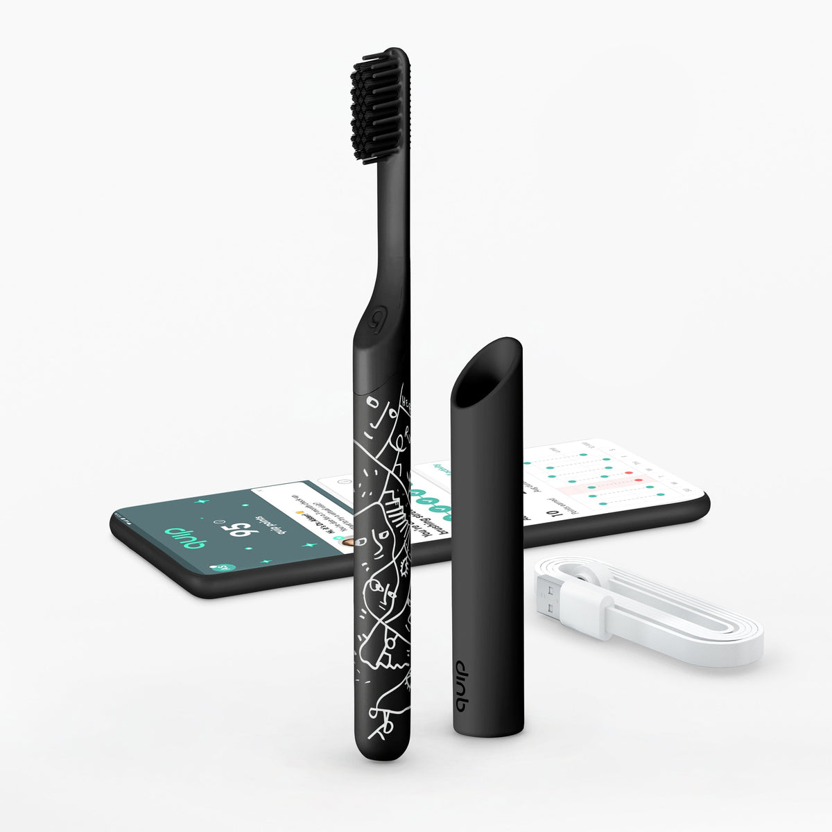 A smart rechargeable sonic toothbrush with a black handle and a geometric pattern, accompanied by a travel cover, a brush head, and a magnetic USB-A cable.