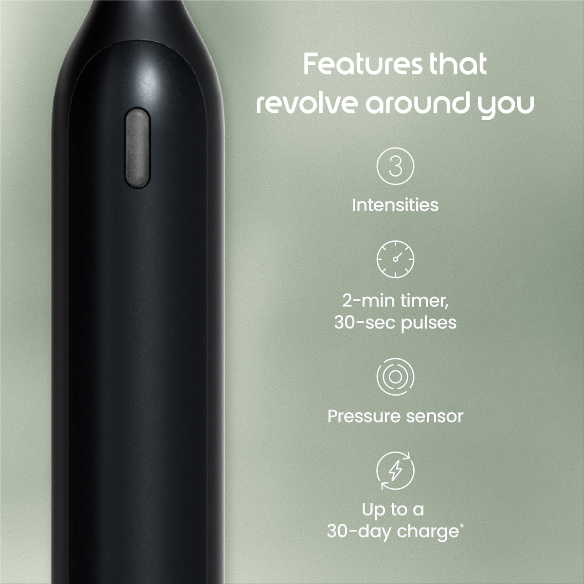 Black electronic device with features listed on a green background
