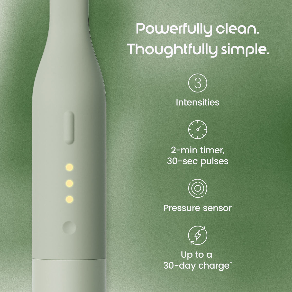 White cleaning device with green background and feature text.