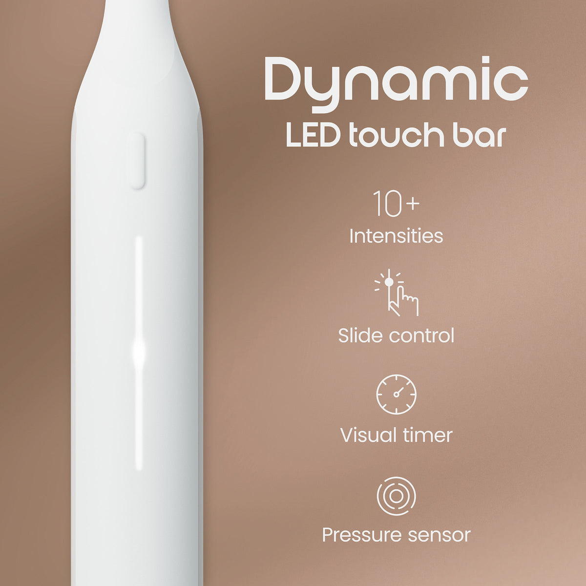 Product with dynamic LED touch bar features on a brown background