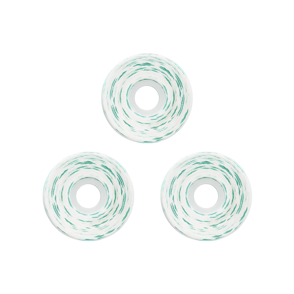 Three white circular spacers or beads with a green marbled swirl pattern, arranged in a triangle on a solid white background.