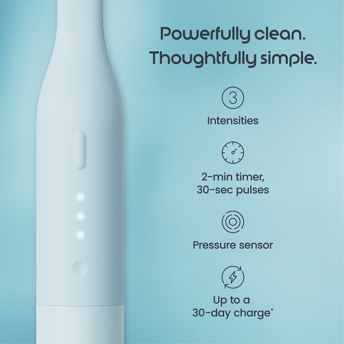 Product with text highlighting features on a light blue background