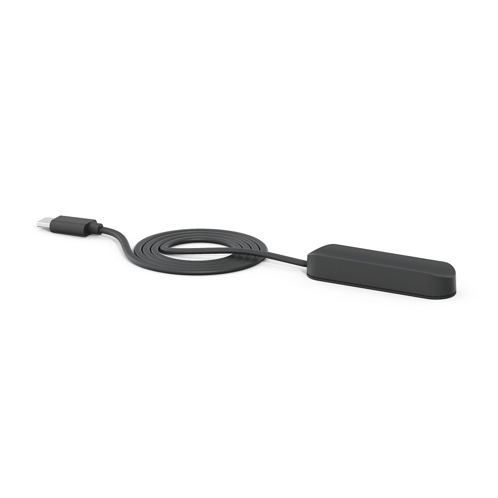 Black USB cable with a rectangular connector on a white background