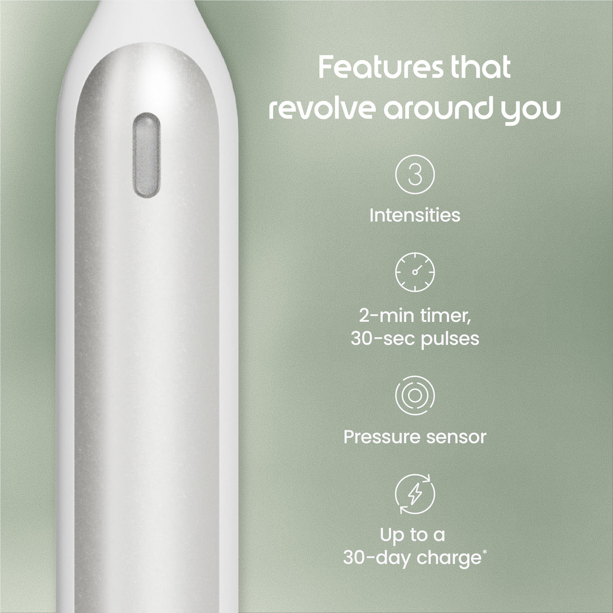 White electronic device with features listed on a green background