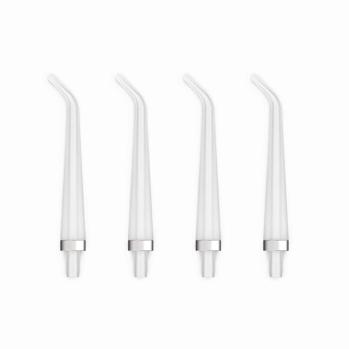 Four white straws with silver bases on a white background