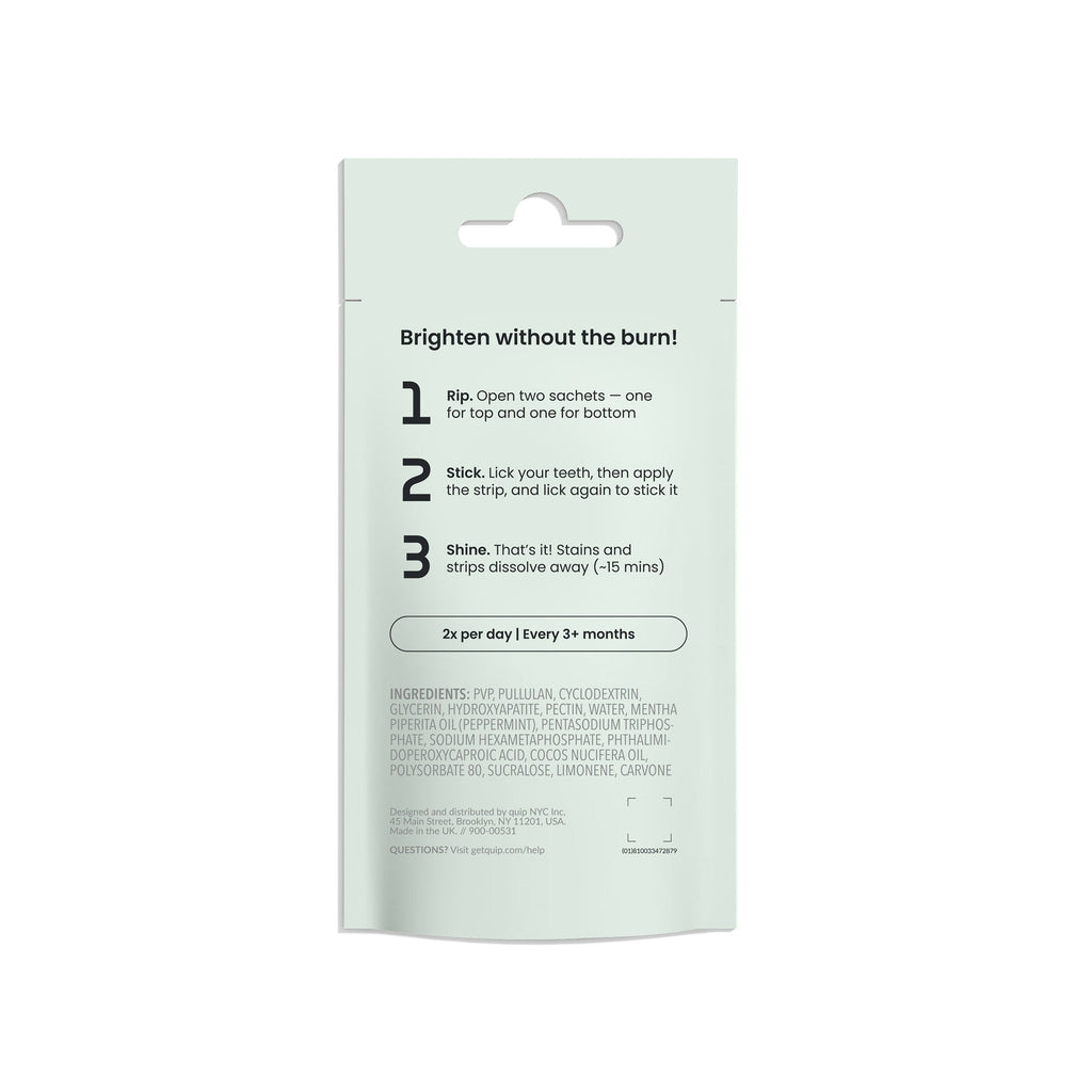Packaging of dental strips with usage instructions on a white background
