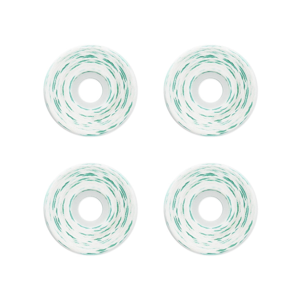 Four skateboard wheels arranged in a 2x2 grid on a solid white background. The wheels are white with a distinctive mint green swirl pattern.