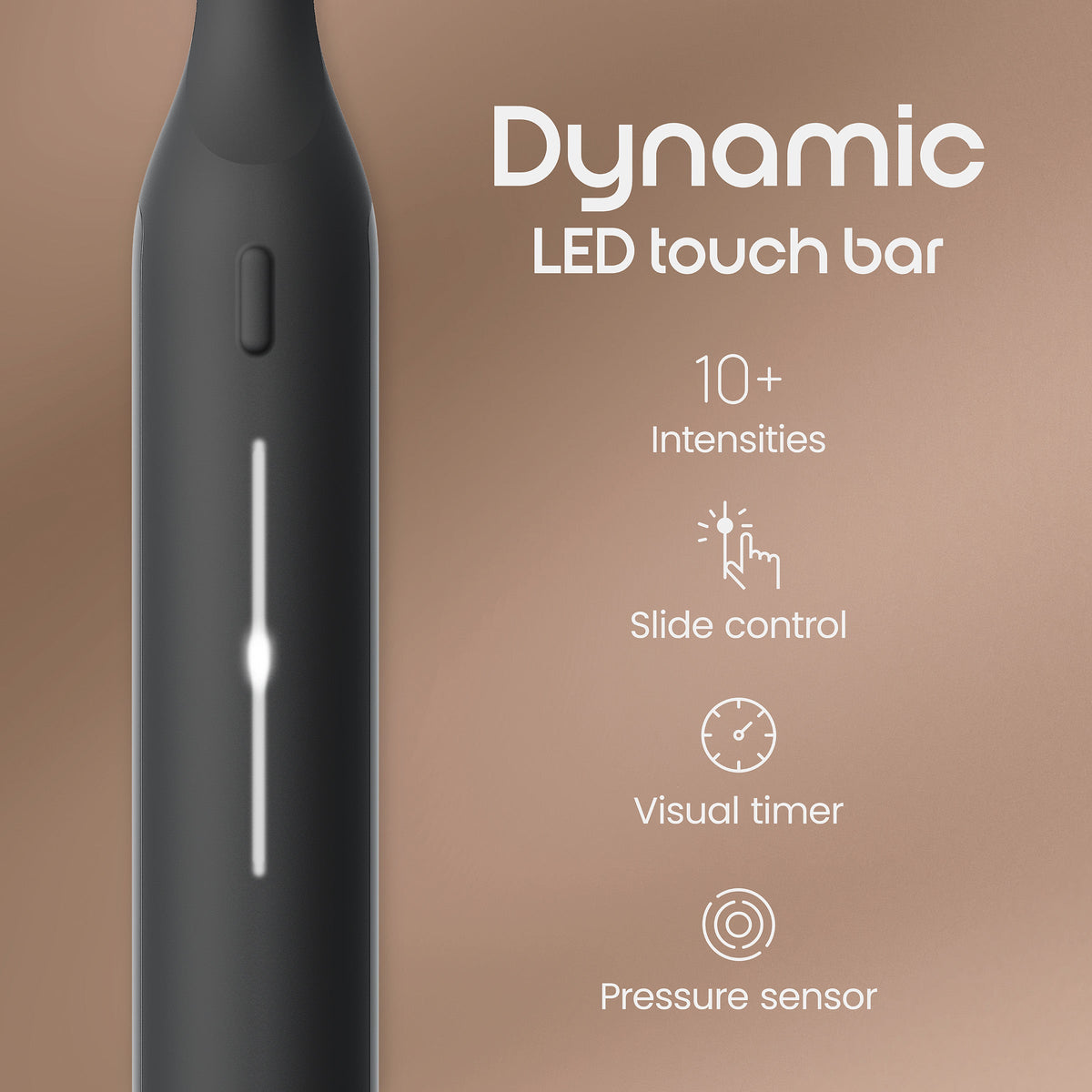 Black electronic device with dynamic LED touch bar on a brown background