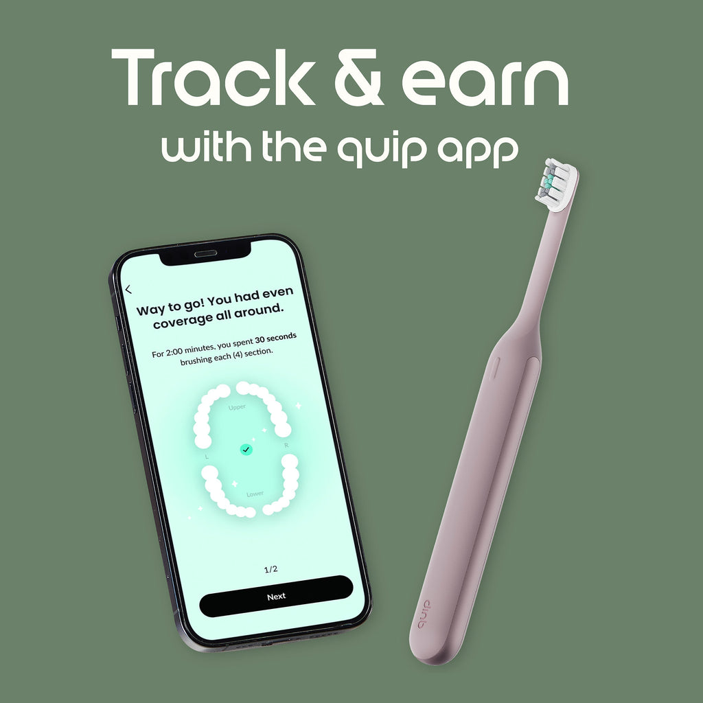 Smart toothbrush and smartphone app on a green background with text 'Track & earn with the quip app'.