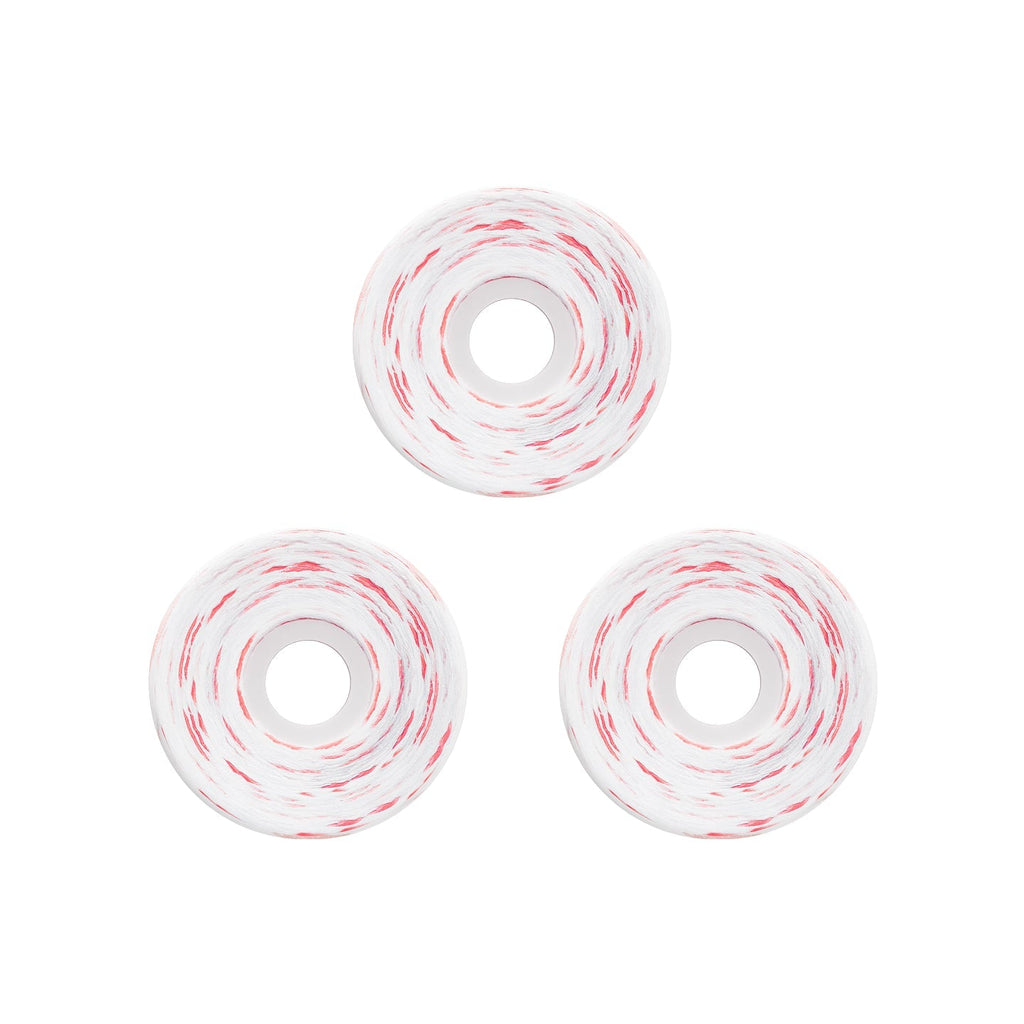 Three white skateboard wheels with red and black swirled urethane, arranged in a triangle on a white background.