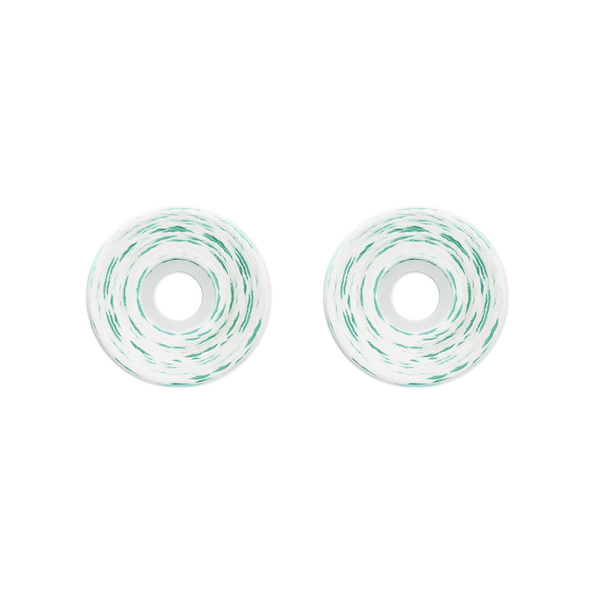 Two white skateboard wheels with a green and black swirled pattern, shown side-by-side on a plain white background.