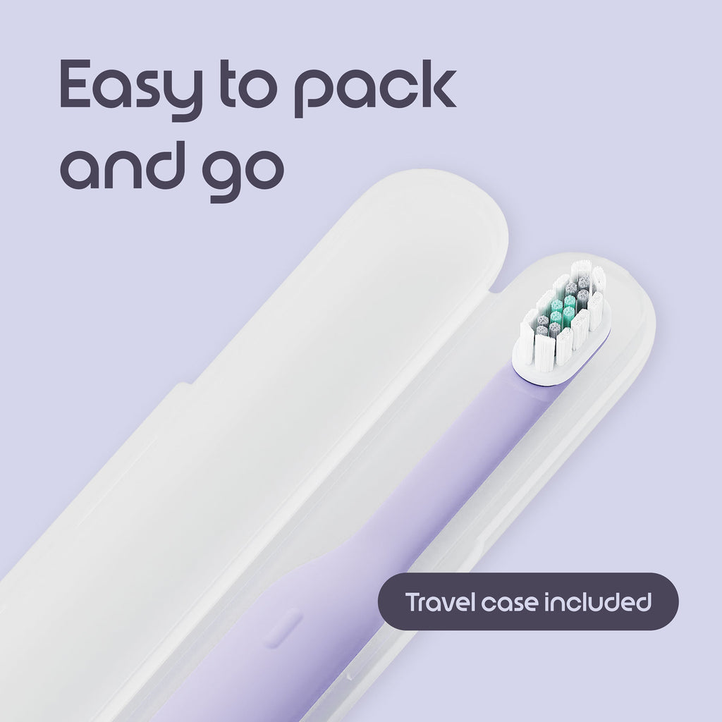 Electric toothbrush with travel case on a light purple background