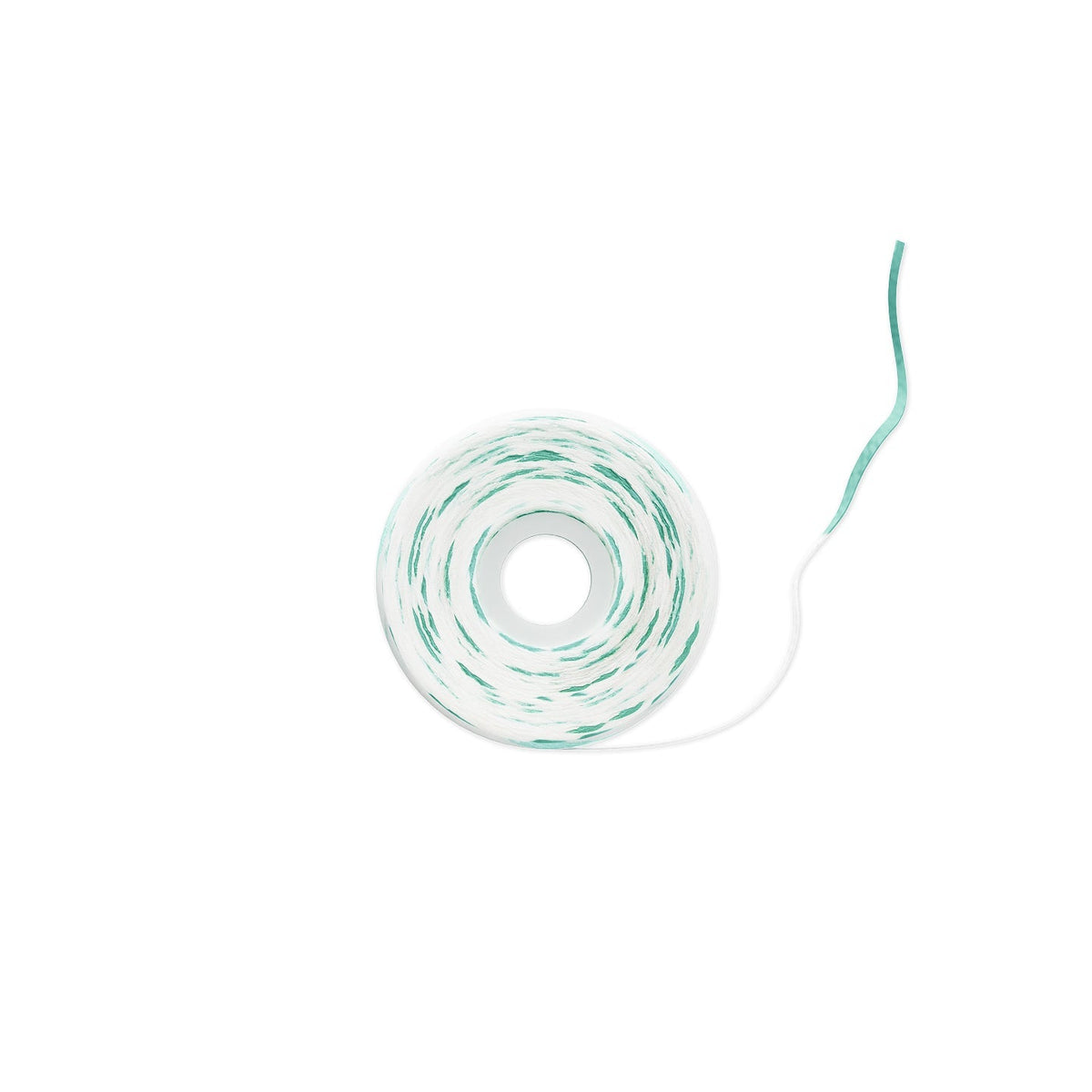A roll of white twine with thin green stripes, shown on a plain white background with a single strand extending to the right.